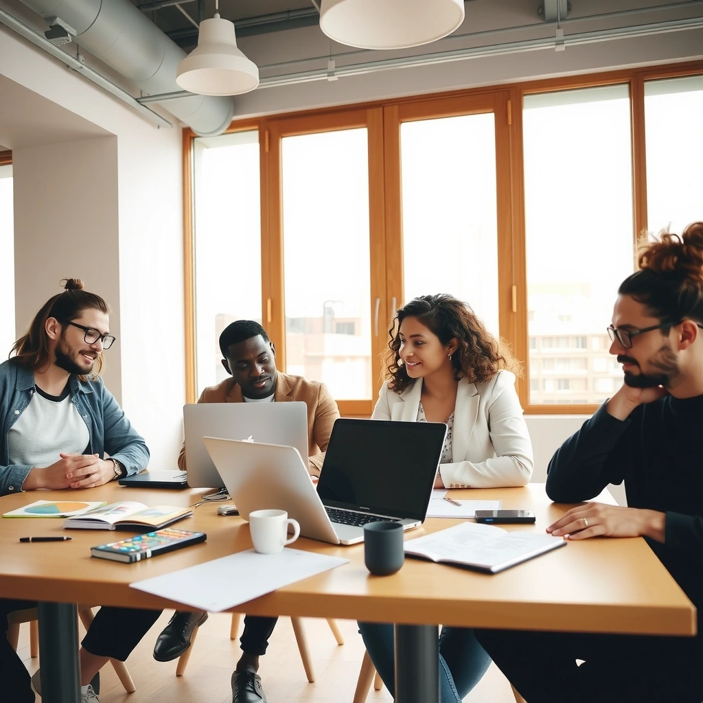 Creative team collaboration on web design project with sketchbooks, laptops, and modern office environment