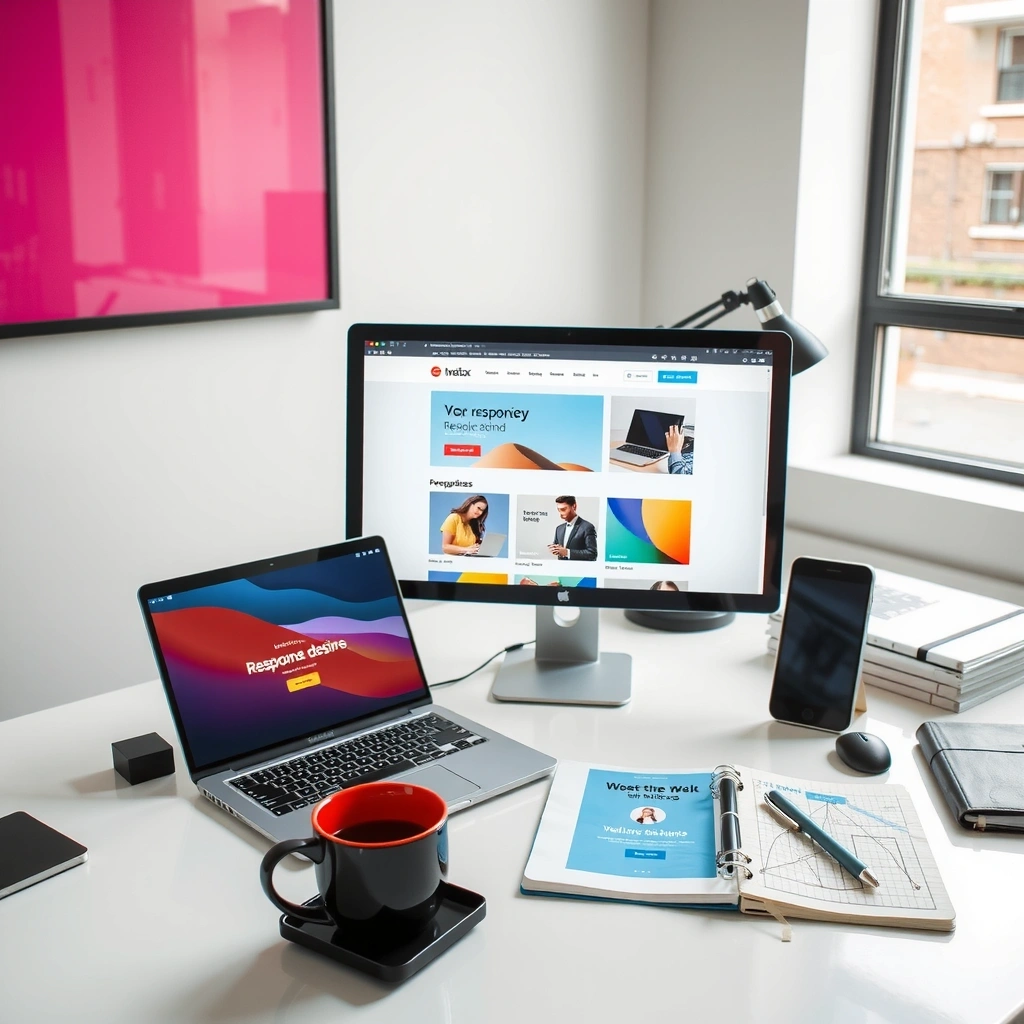 Modern web design workspace with laptop showing code and design mockups