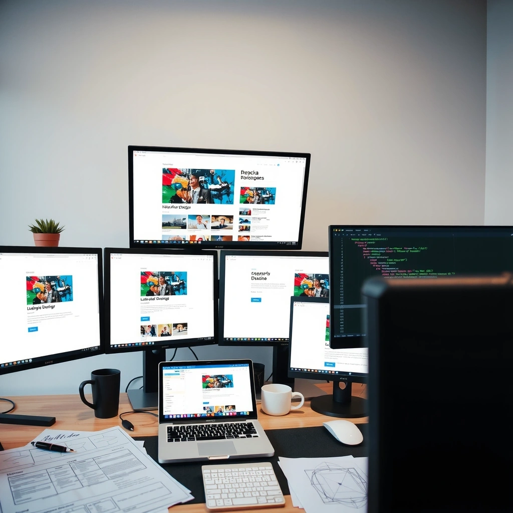 Professional web development workspace with multiple monitors showing code, design mockups, and responsive layouts